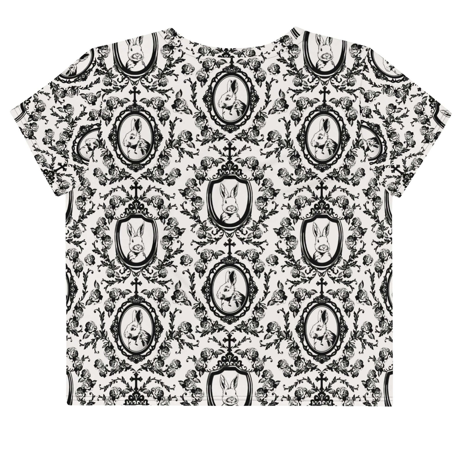 Stylish Queen's Beloved Bunny Crop Top featuring elegant black-and-white motifs, perfect for any outfit.