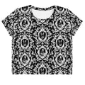 Elevate your style with the Queen's Beloved Bunny Crop Top featuring elegant black-and-white motifs. Perfect for any outfit!