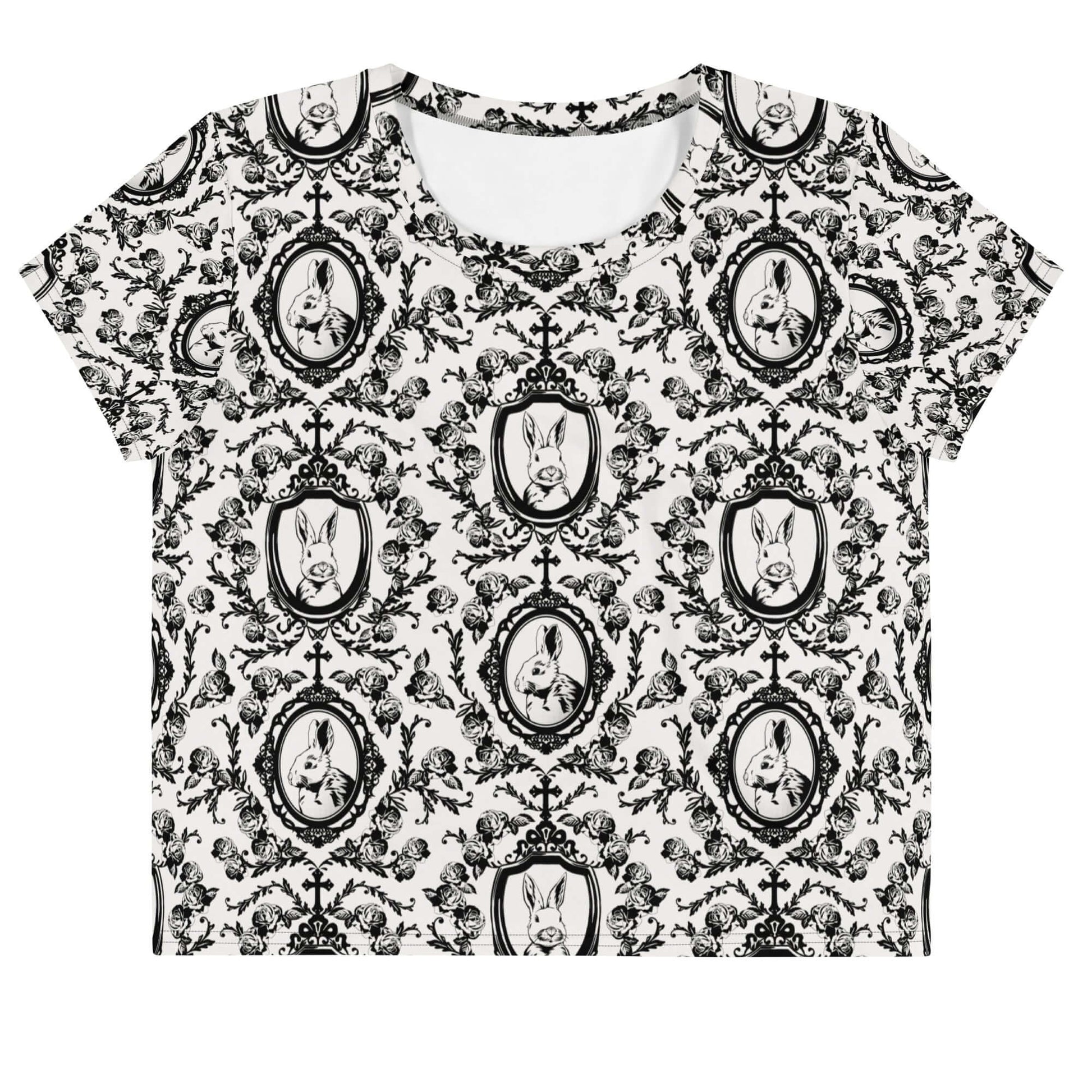 Elevate your style with the Queen's Beloved Bunny Crop Top, featuring elegant black-and-white motifs for a chic look.