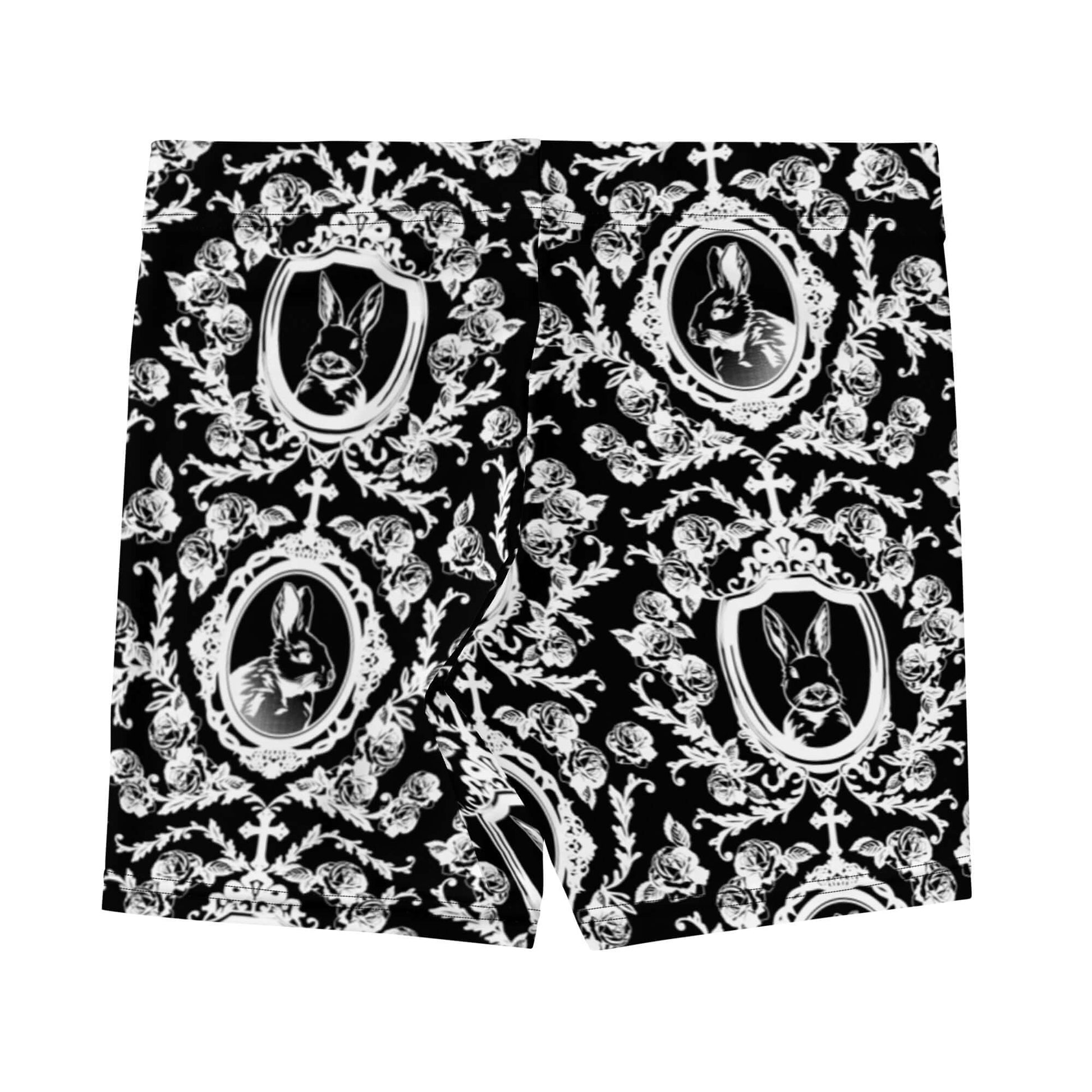 Stylish Queen's Beloved Bunny Shorts featuring elegant black and white bunny print, perfect for lounging or outings.