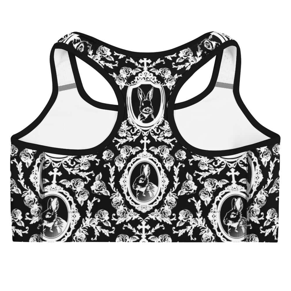 Stylish back view of the Queen's Beloved Bunny Sports bra, perfect for workouts and trendy gym outfits.