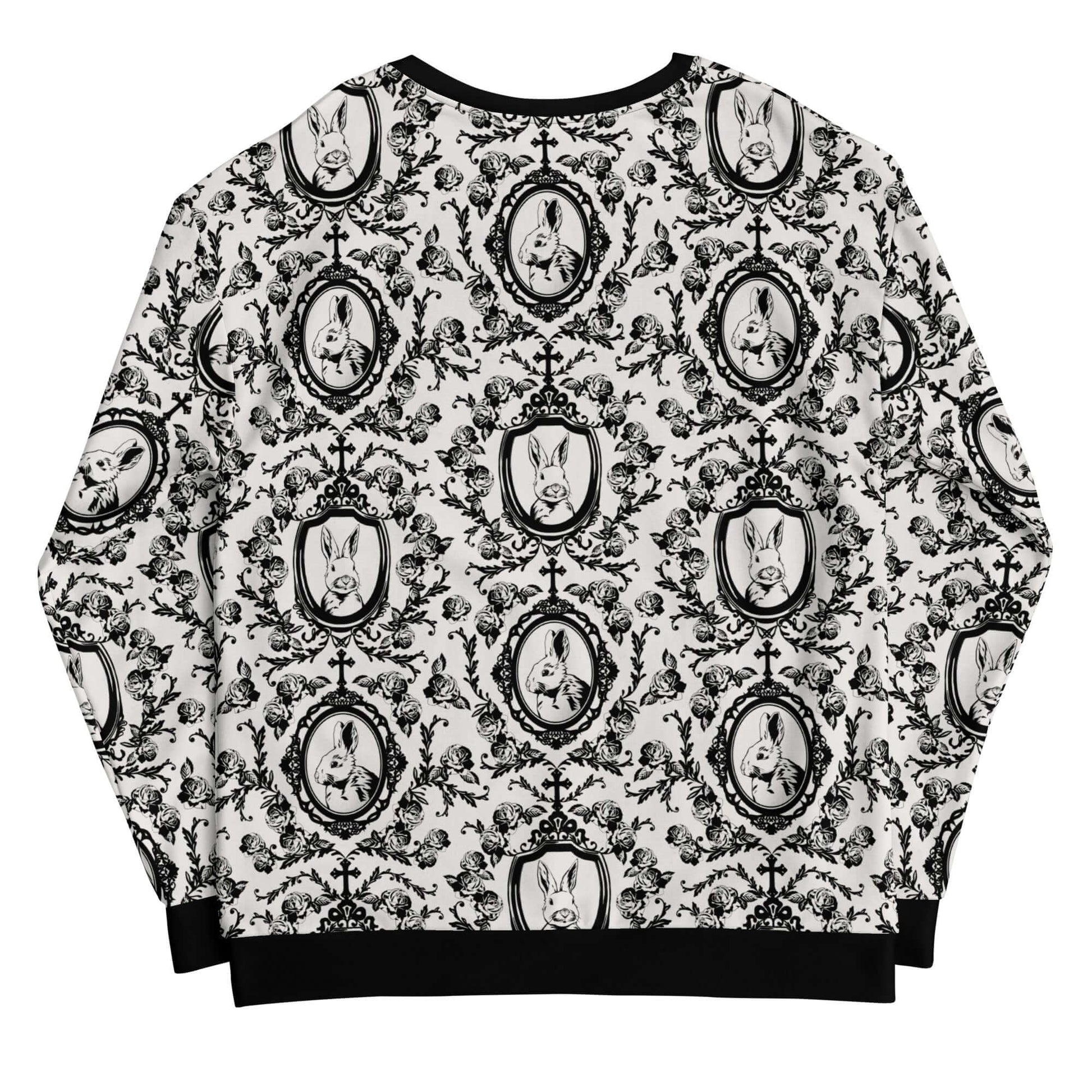 Stylish Queen's Beloved Bunny Sweatshirt features elegant black-and-white motifs, perfect for any outfit.