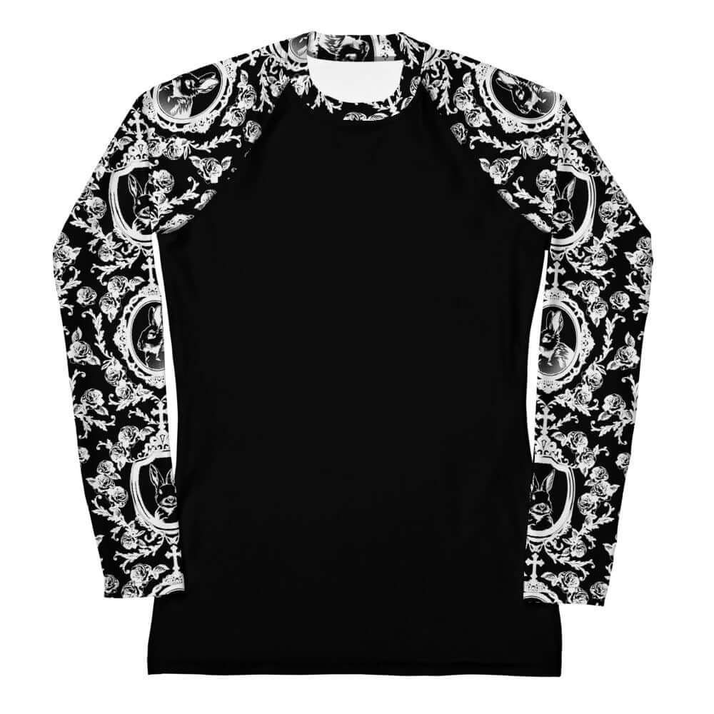 Stylish Queen's Beloved Bunny Rash Guard, perfect for swimming and active adventures, featuring unique black and white design.