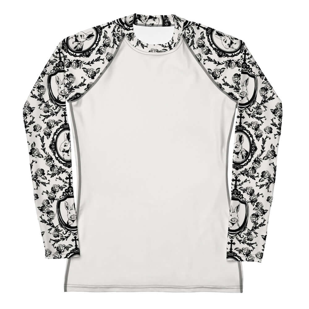 Stylish Queen's Beloved Bunny Rash Guard features a unique design for active wear, perfect for swimming and grappling.
