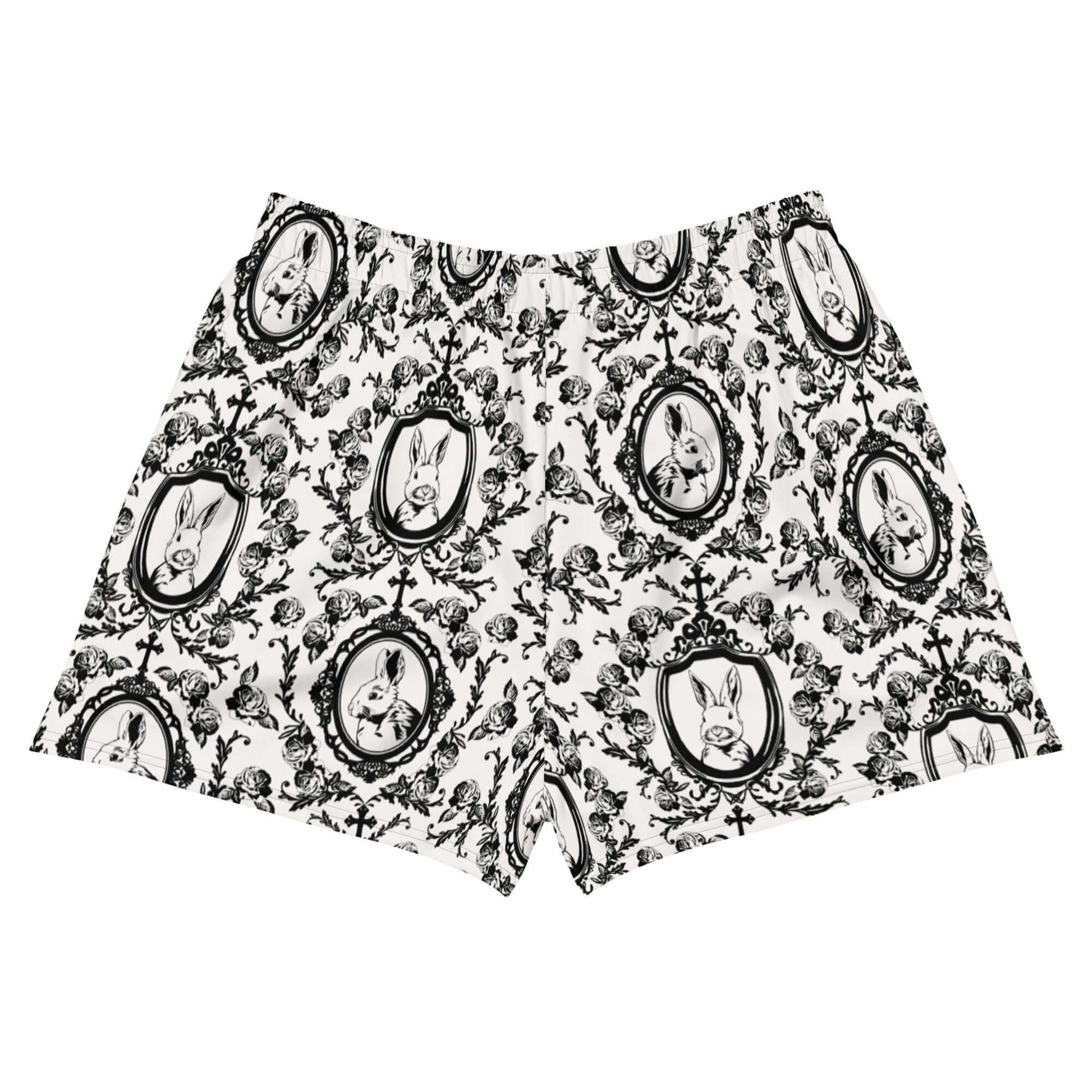 Stylish Queen's Beloved Bunny Athletic Short Shorts in a playful black and white design, perfect for lounging or workouts.