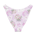 Purple floral V-cut bikini bottom with a high-leg cut, perfect for sunny days and stylish beachwear.