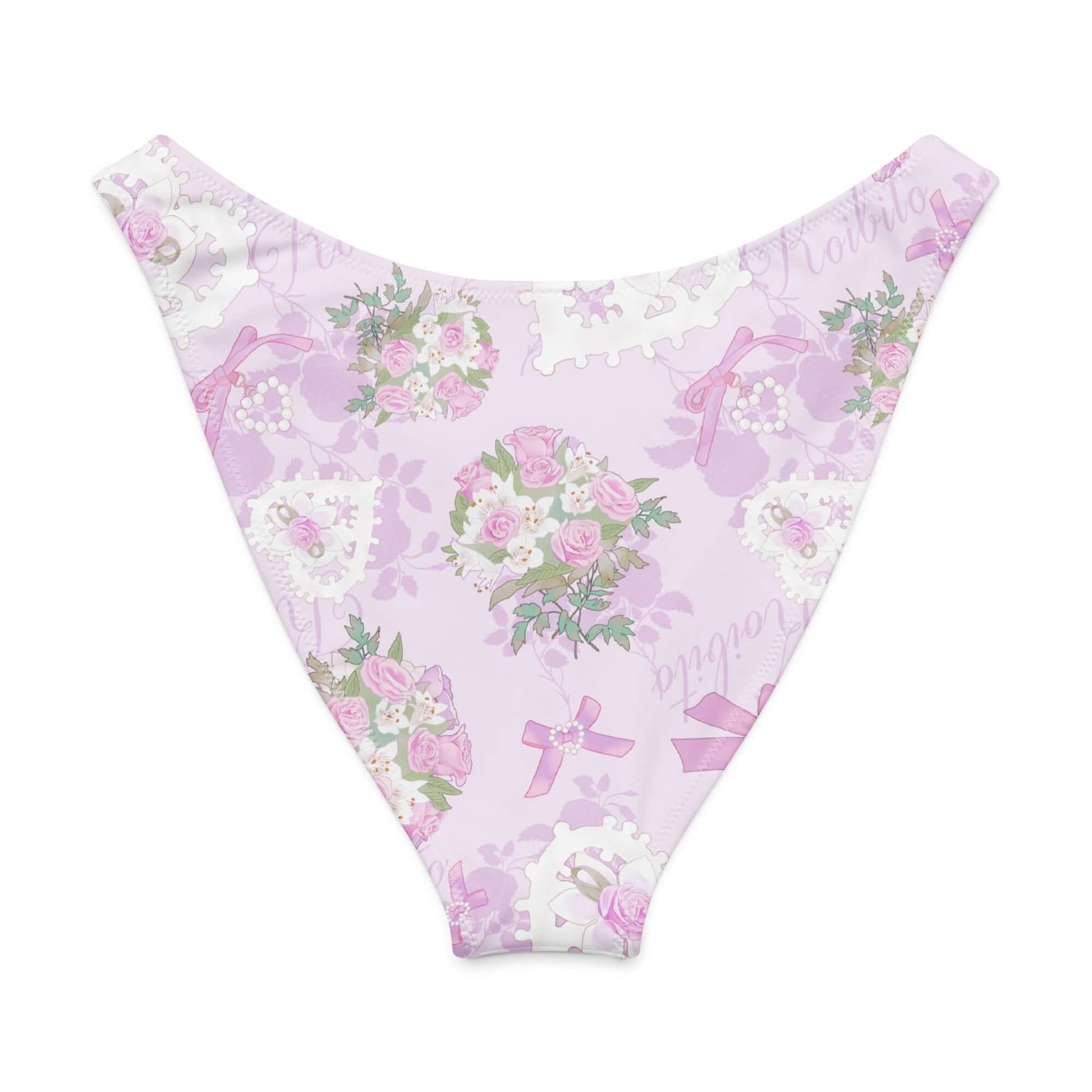 Purple floral V-cut bikini bottom with a high-leg cut, perfect for sunny days and stylish beachwear.