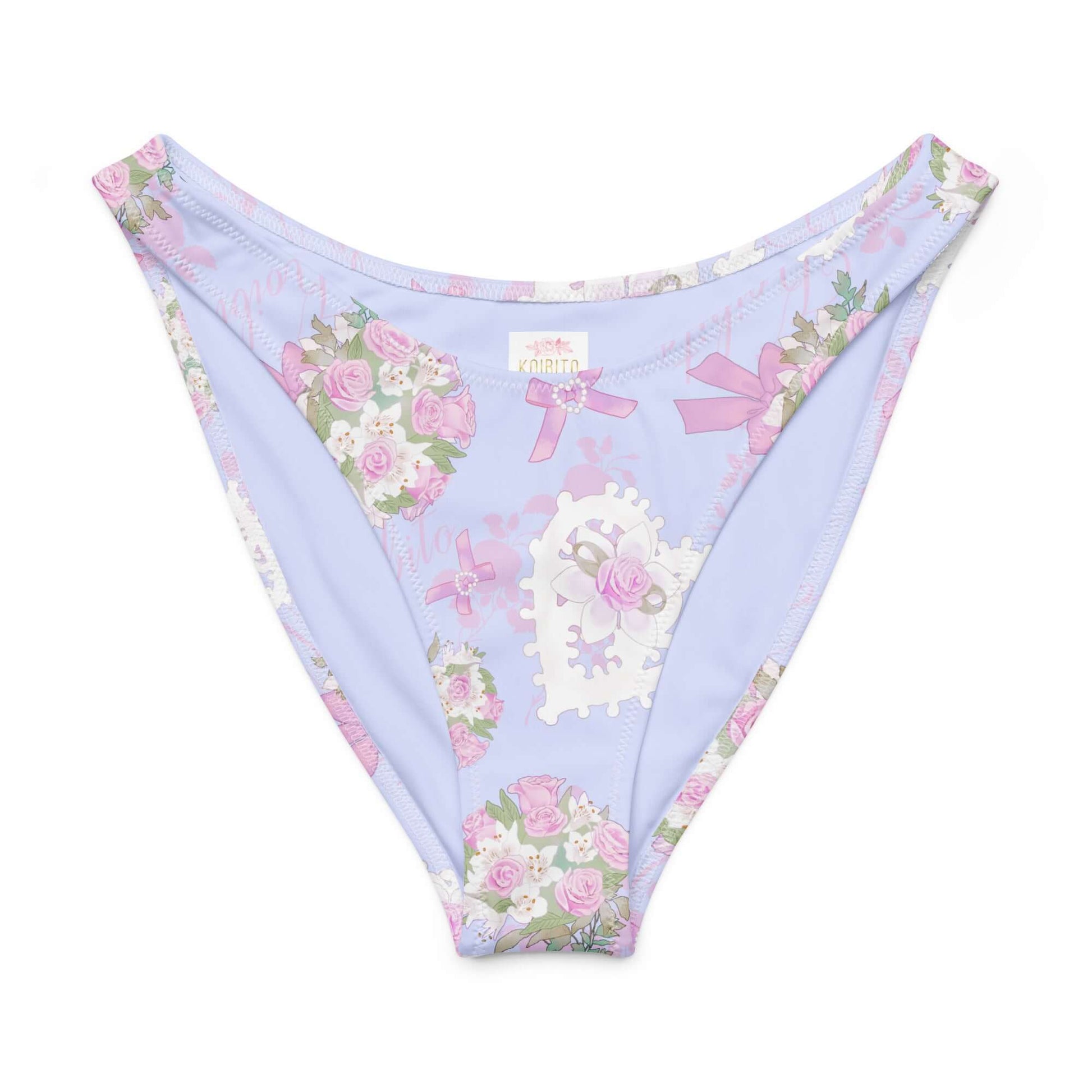 Pastel floral V-cut bikini bottom with pink and lavender design, perfect for beach fun and sunny days.