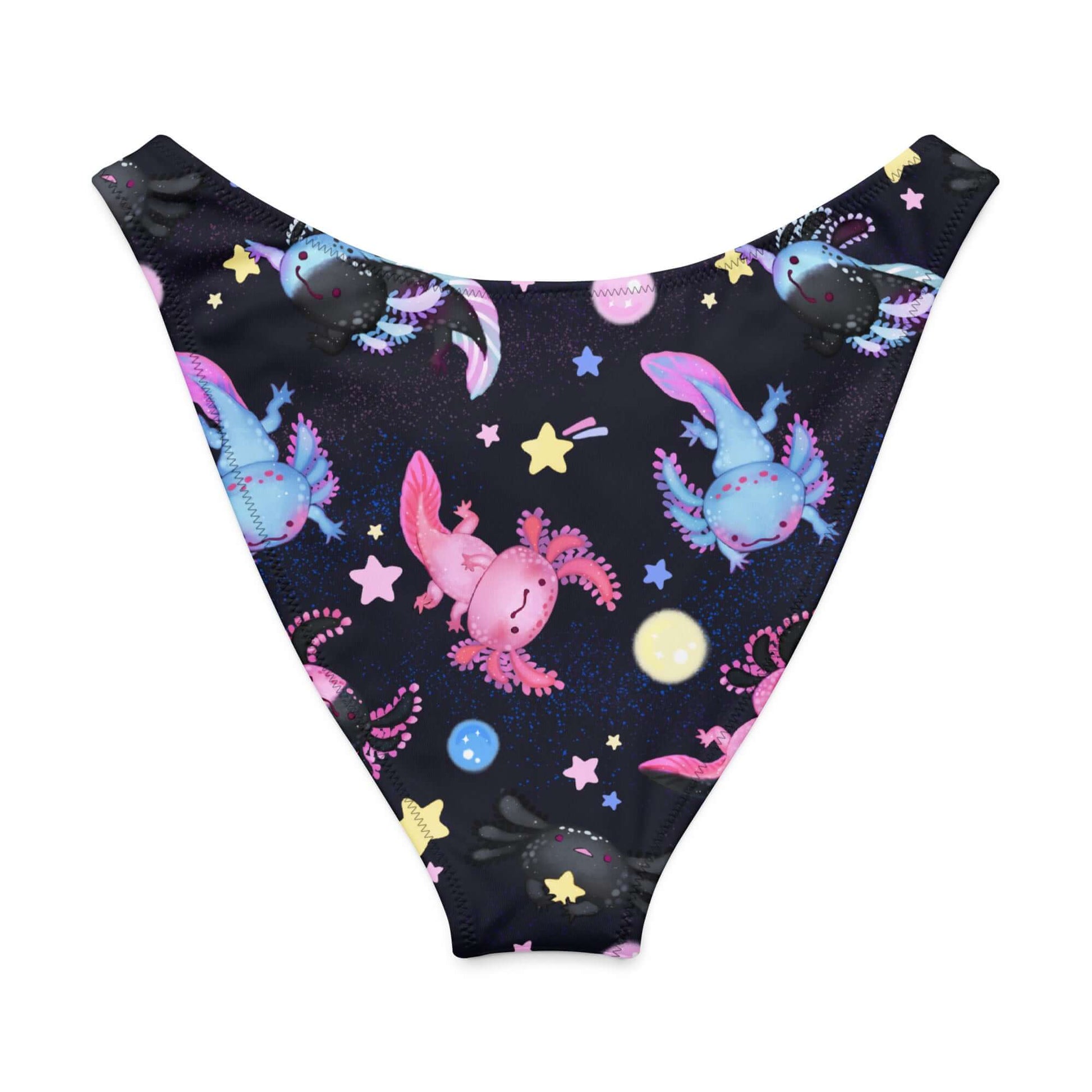 Colorful Axolotl V-cut bikini bottom with playful designs and celestial motifs, perfect for sunny days.