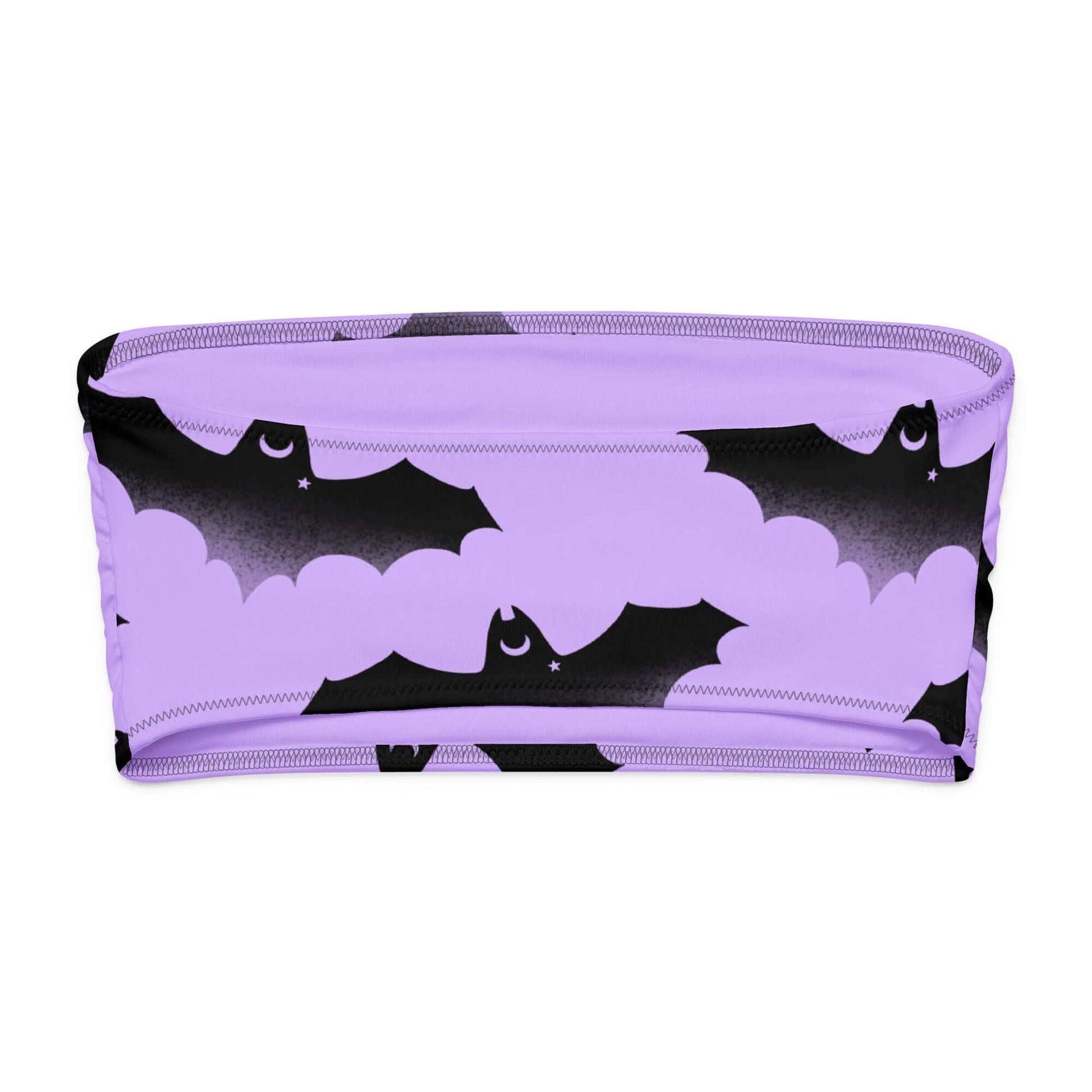 Purple bandeau bikini top with bat and cloud patterns, perfect for stylish summer vibes.
