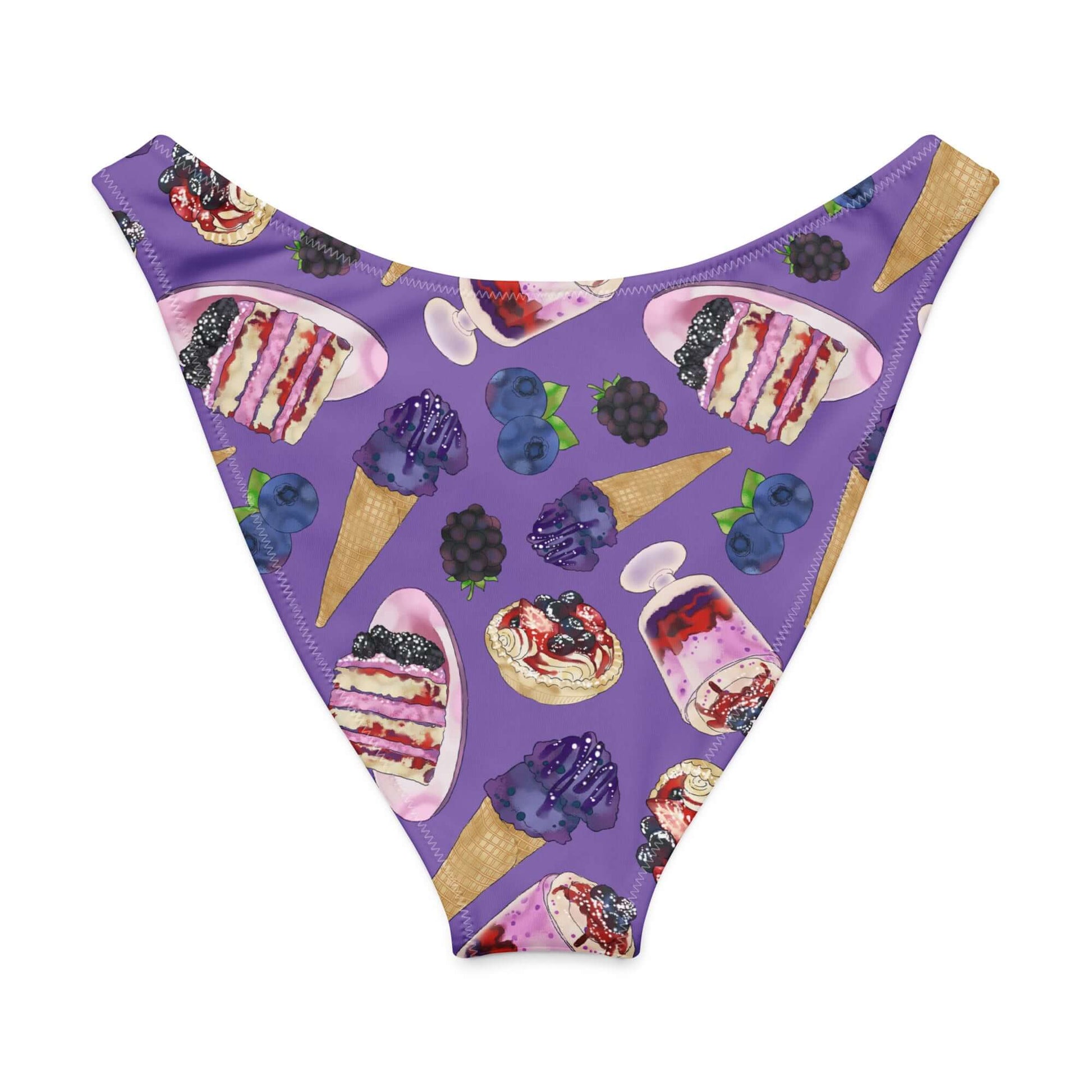 Berry V-cut bikini bottom with playful purple ice cream and dessert print, perfect for sunny beach days.