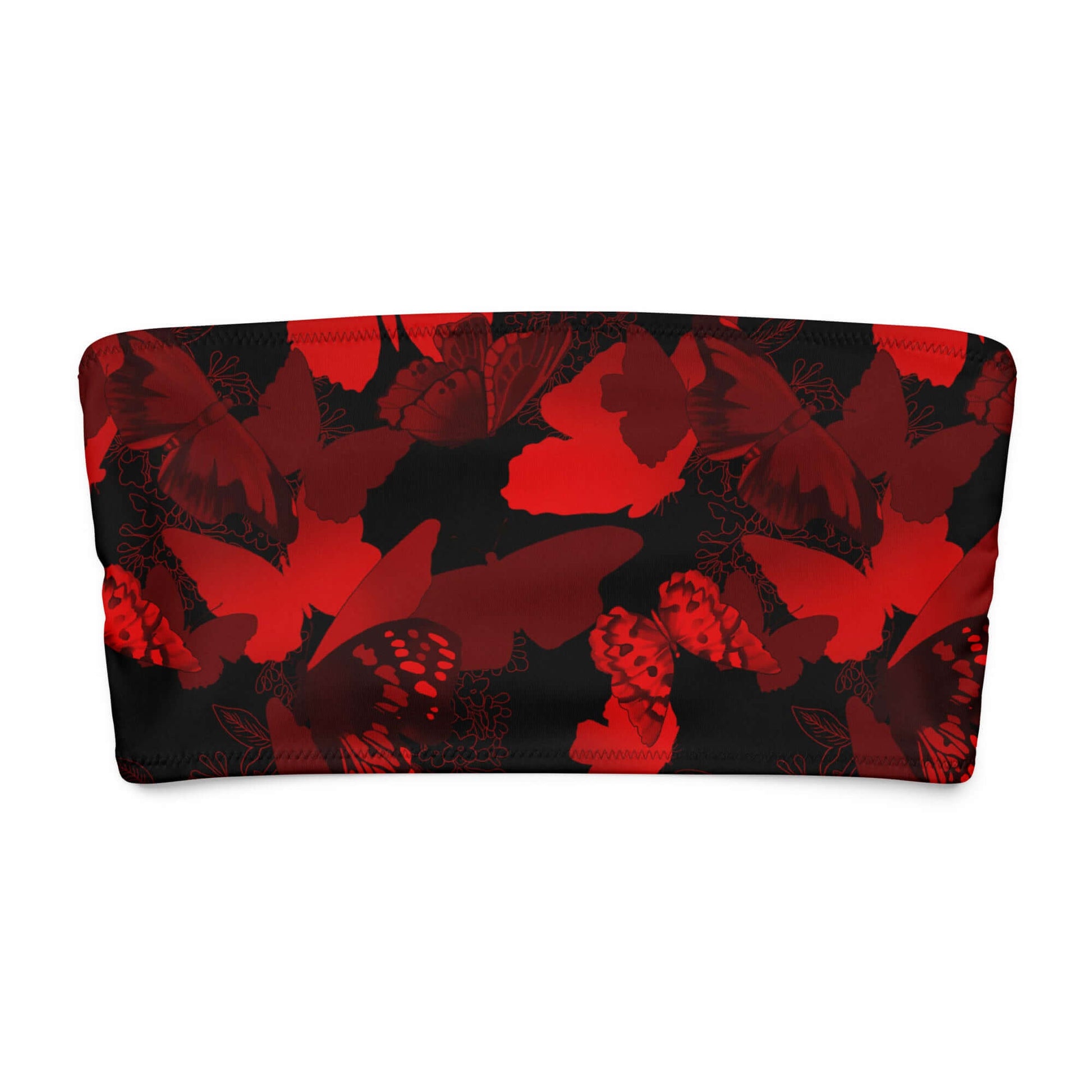 Red butterfly bandeau bikini top with black background, perfect for summer tanning and lounging.