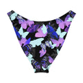 Butterfly V-cut bikini bottom featuring vibrant butterfly patterns on a black background, perfect for sunny beach days.