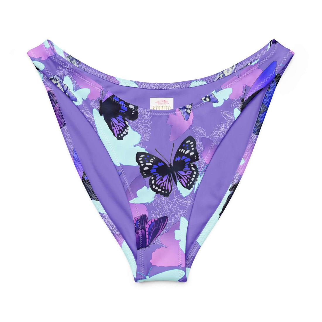 Butterfly V-cut bikini bottom in purple with vibrant butterfly print, perfect for sunny days and stylish beach outings.