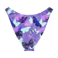 Butterfly V-cut bikini bottom in vibrant purple with various butterfly prints, perfect for sunny beach days.