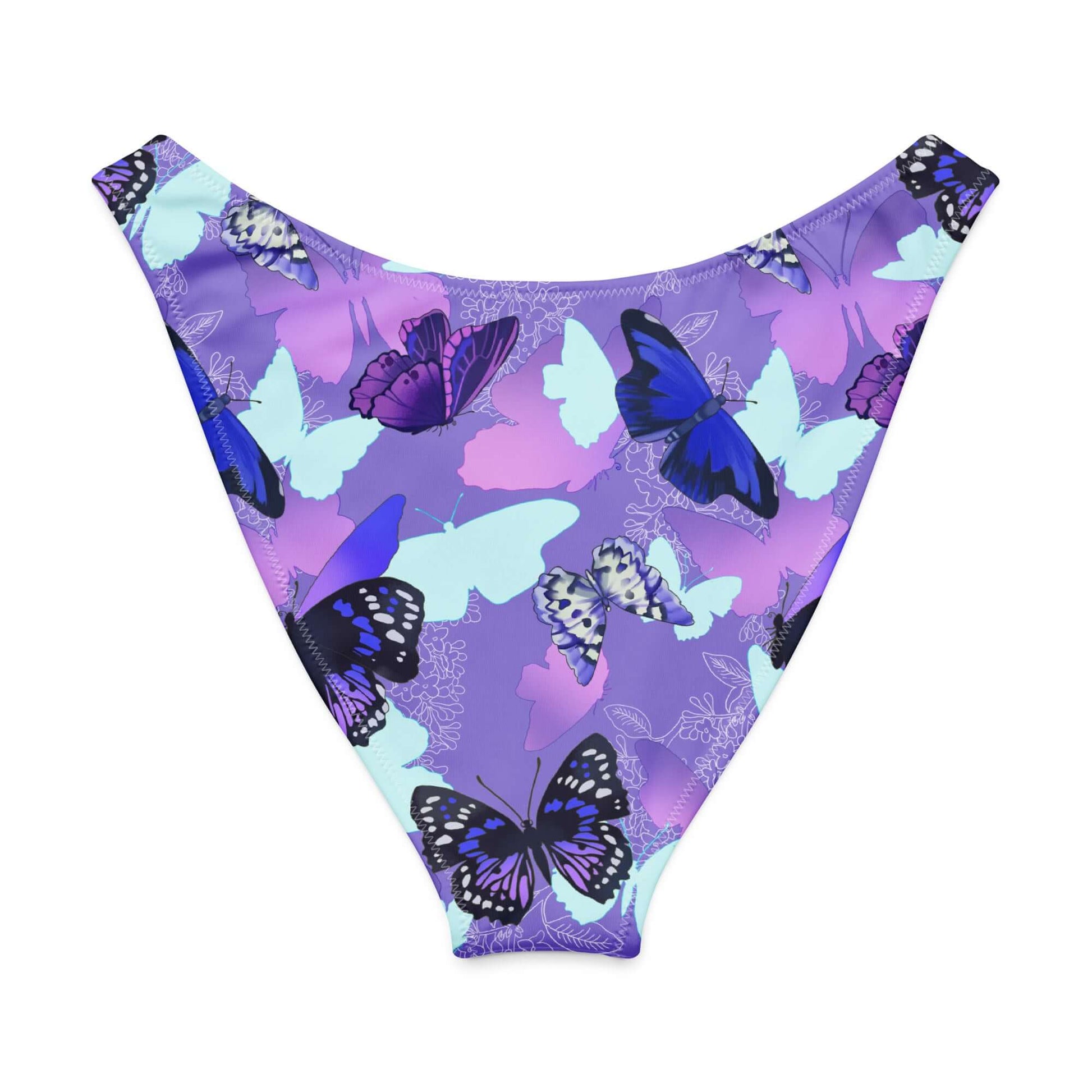 Butterfly V-cut bikini bottom in vibrant purple with various butterfly prints, perfect for sunny beach days.