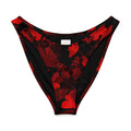 Flattering Butterfly V-cut bikini bottom in vibrant red and black with high-leg cut and soft fabric.