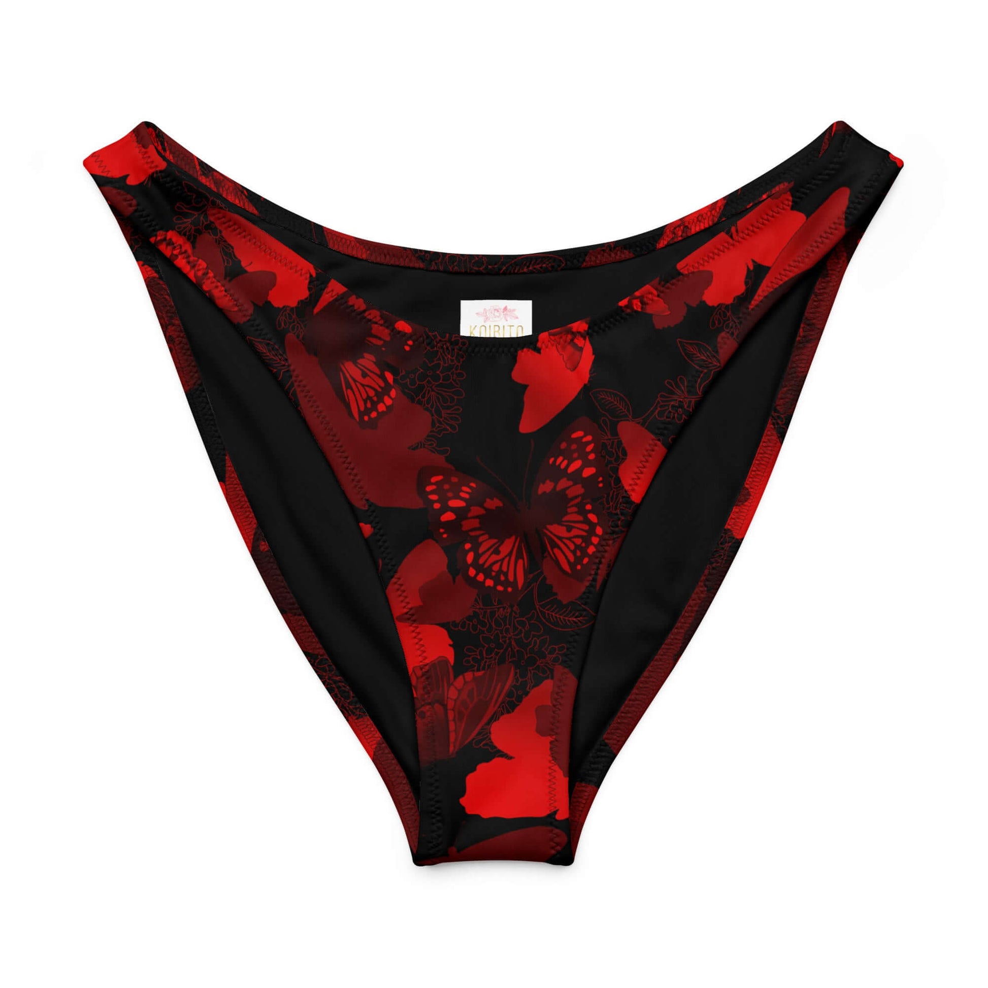 Flattering Butterfly V-cut bikini bottom in vibrant red and black with high-leg cut and soft fabric.