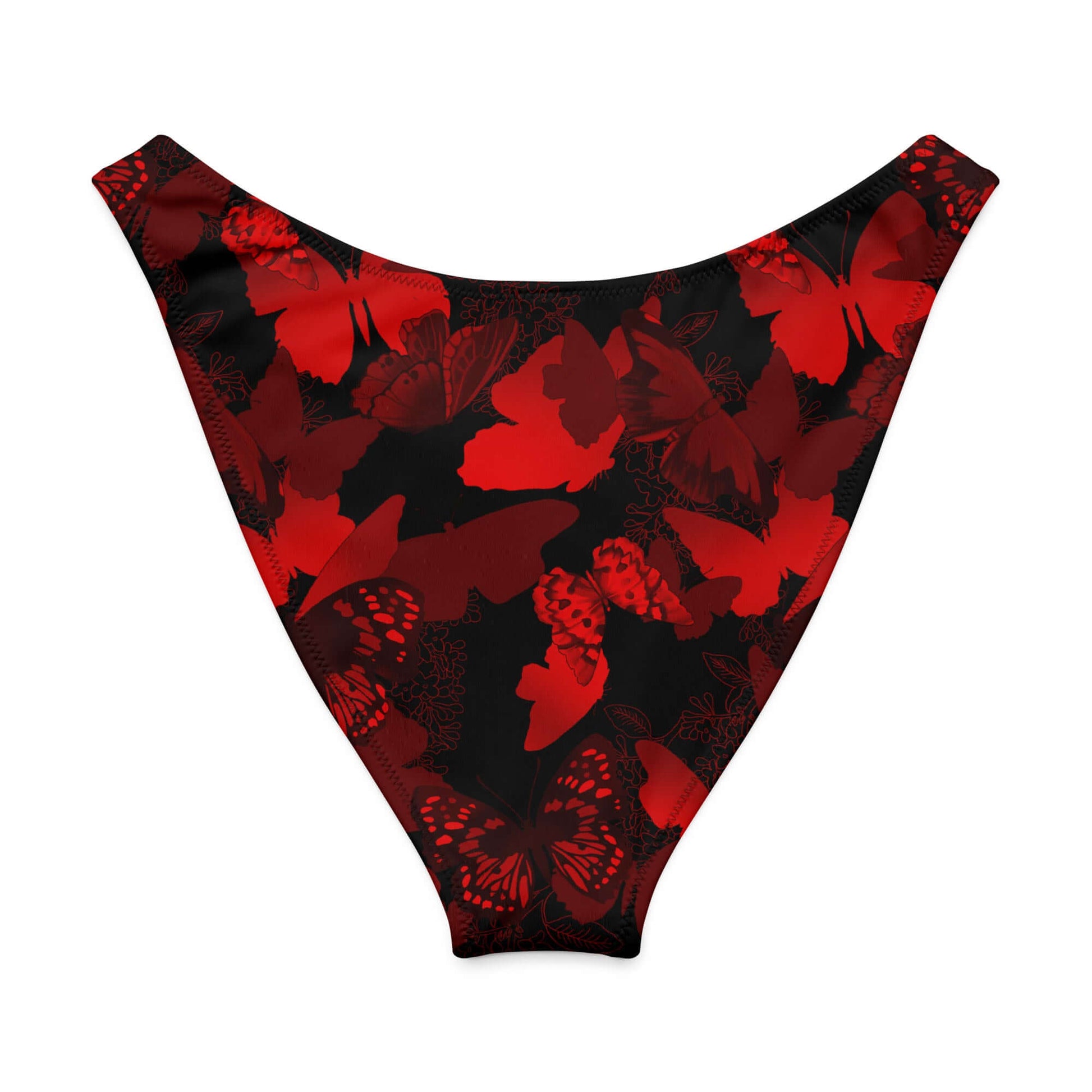 V-cut bikini bottom featuring vibrant red butterflies on a black background, ideal for sunny beach days.
