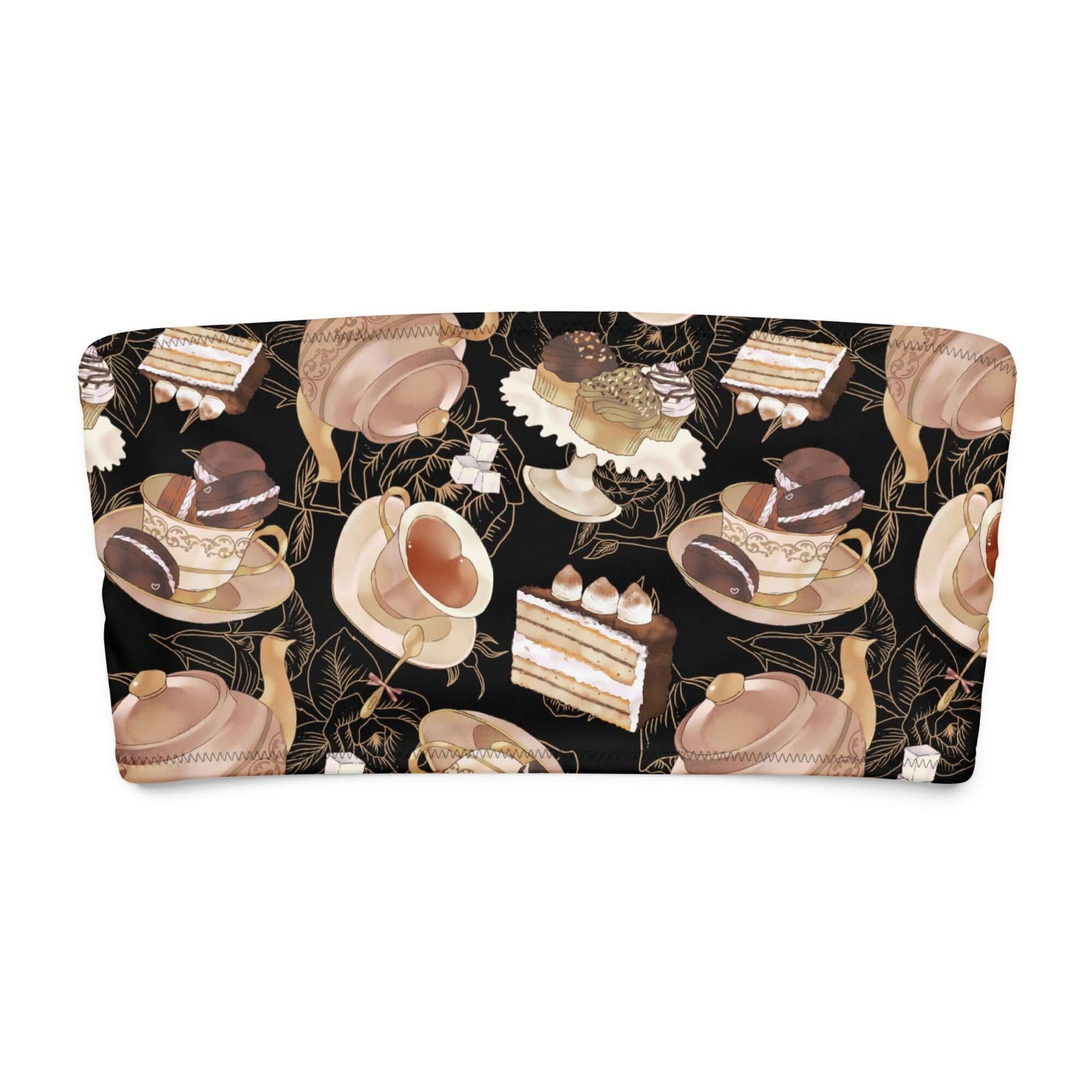 Bandeau bikini top featuring a delightful dessert pattern with cakes, coffee cups, and elegant details.