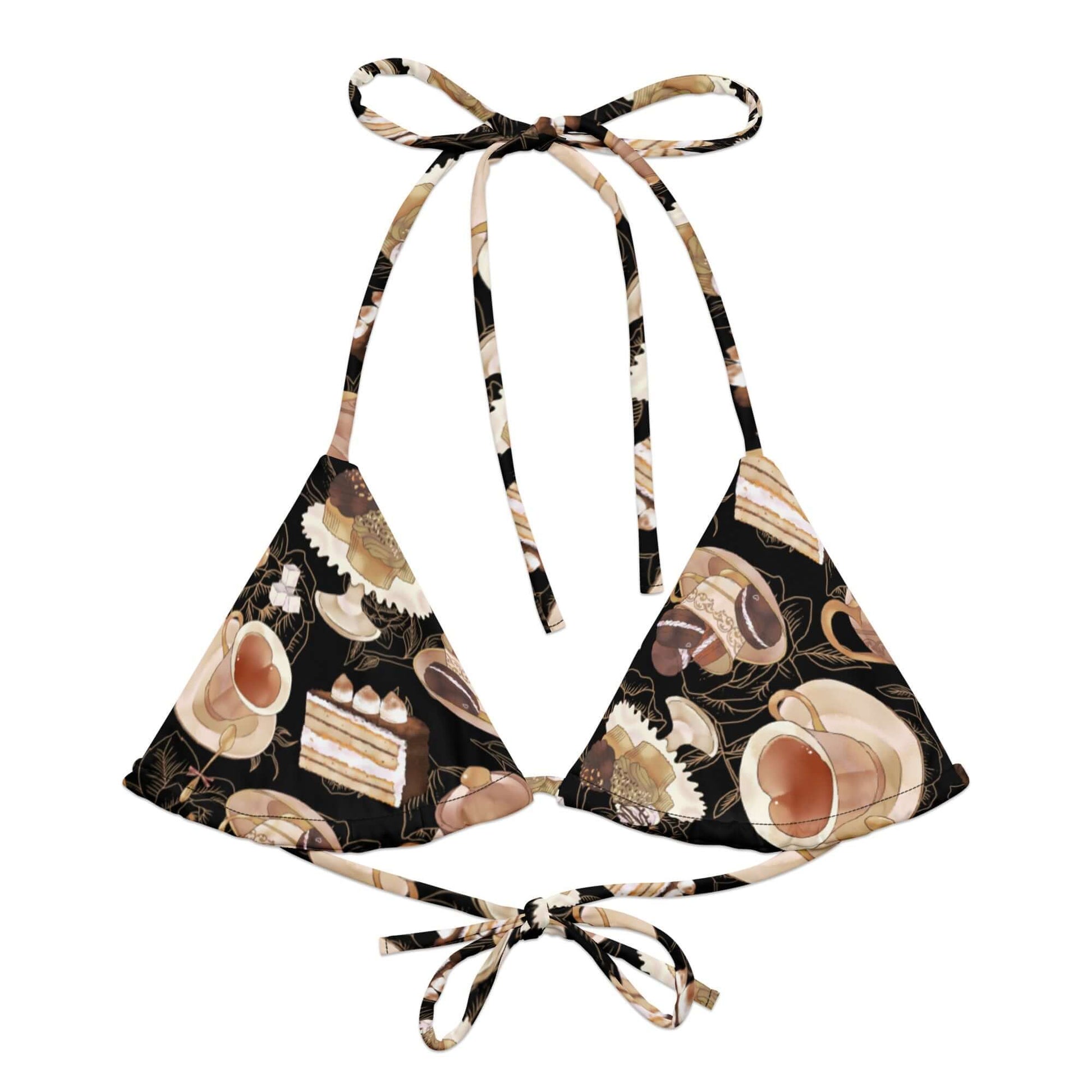 Eco-friendly Cafe Padded String Bikini Top with stylish coffee print, perfect for summer and versatile styling.