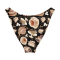 Cafe V-cut bikini bottom featuring a playful coffee and dessert pattern on a dark background.