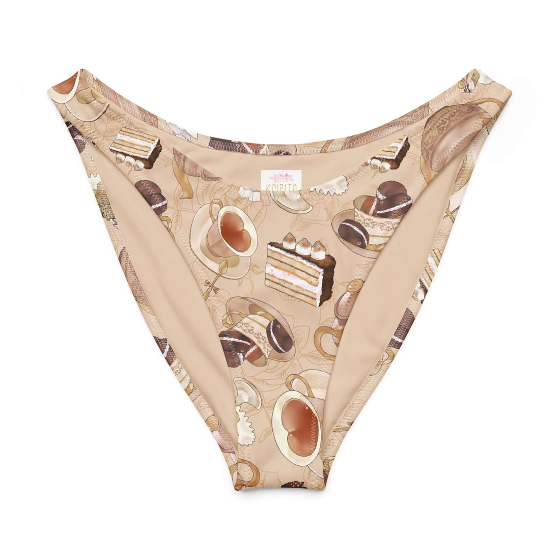 Cafe V-cut bikini bottom with fun dessert prints, featuring a flattering high-leg cut and soft stretchy fabric.