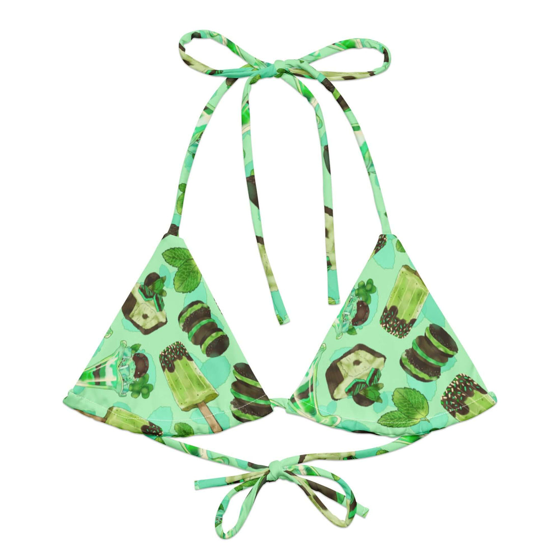 Choco Mint Padded String Bikini Top features a vibrant print, perfect for summer. Eco-friendly and stylish for any beach day.
