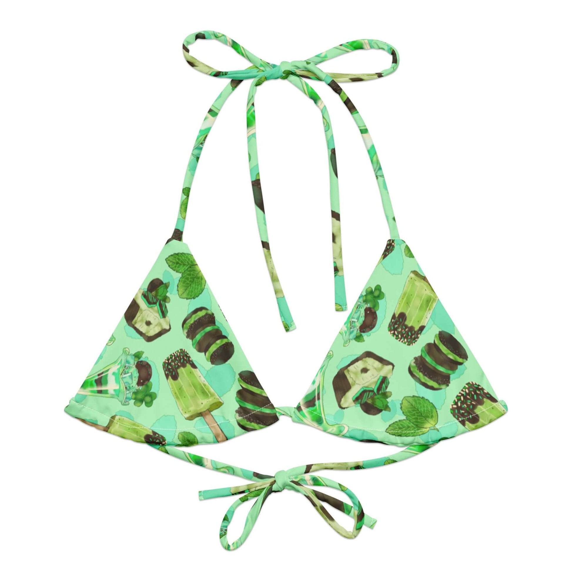 Choco Mint Padded String Bikini Top features a vibrant print, perfect for summer. Eco-friendly and stylish for any beach day.