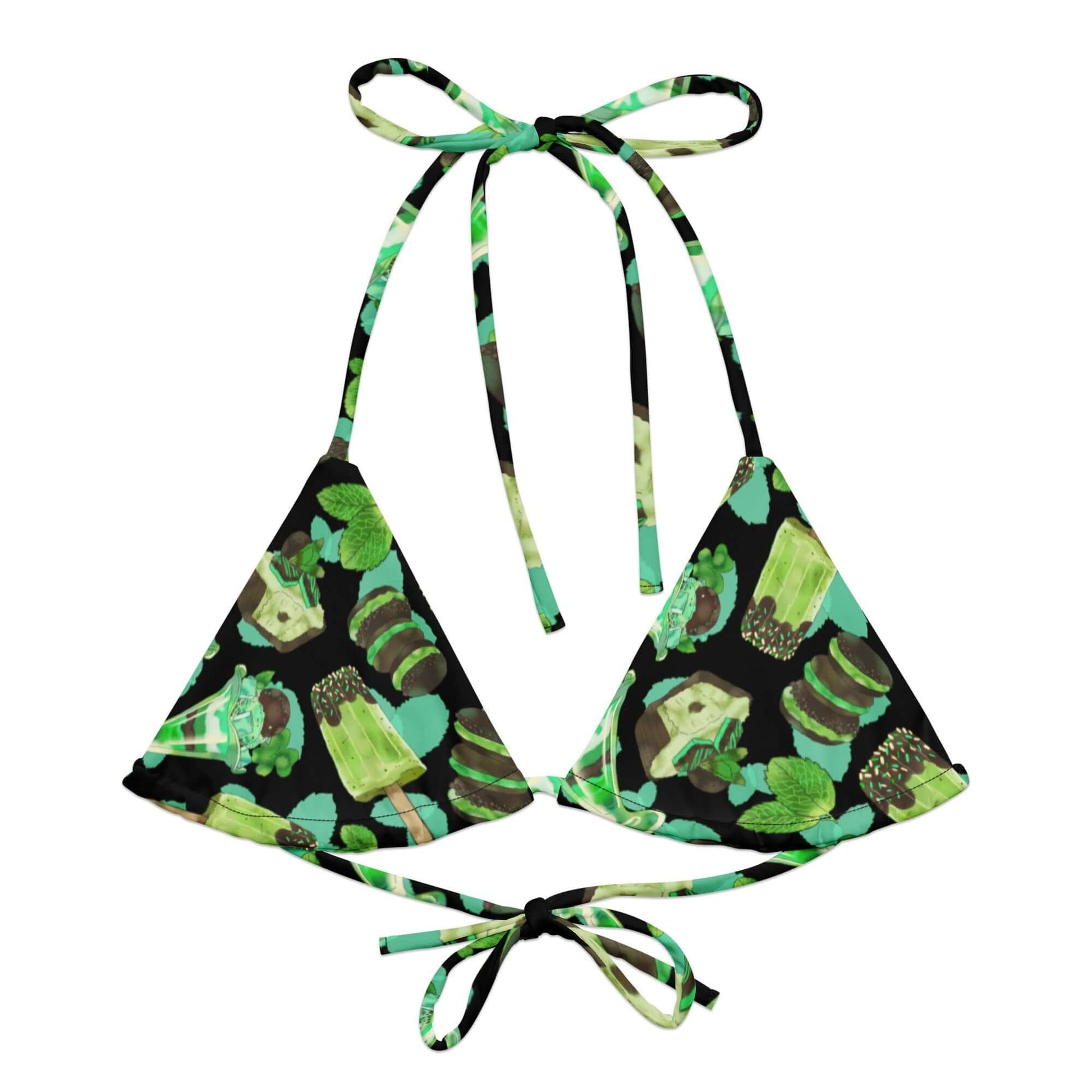 Choco Mint Padded String Bikini Top featuring vibrant prints, perfect for summer and eco-friendly beach outings.