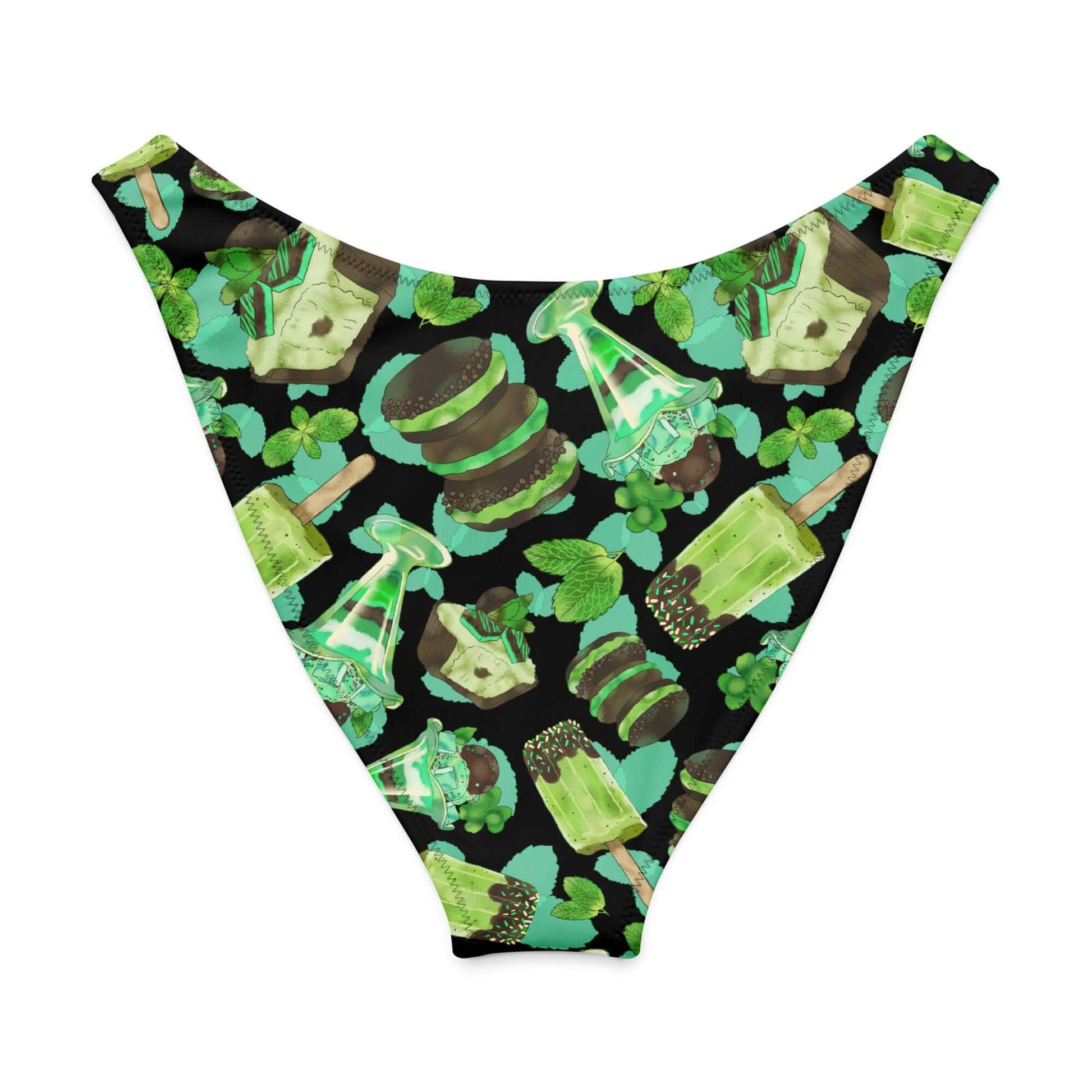 Choco Mint V-cut bikini bottom with vibrant mint and chocolate patterns on a black background for fun summer style.