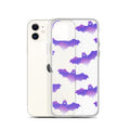 Morrigan iPhone® Clear Case showcasing a sleek design with purple bats, providing stylish protection for your phone.