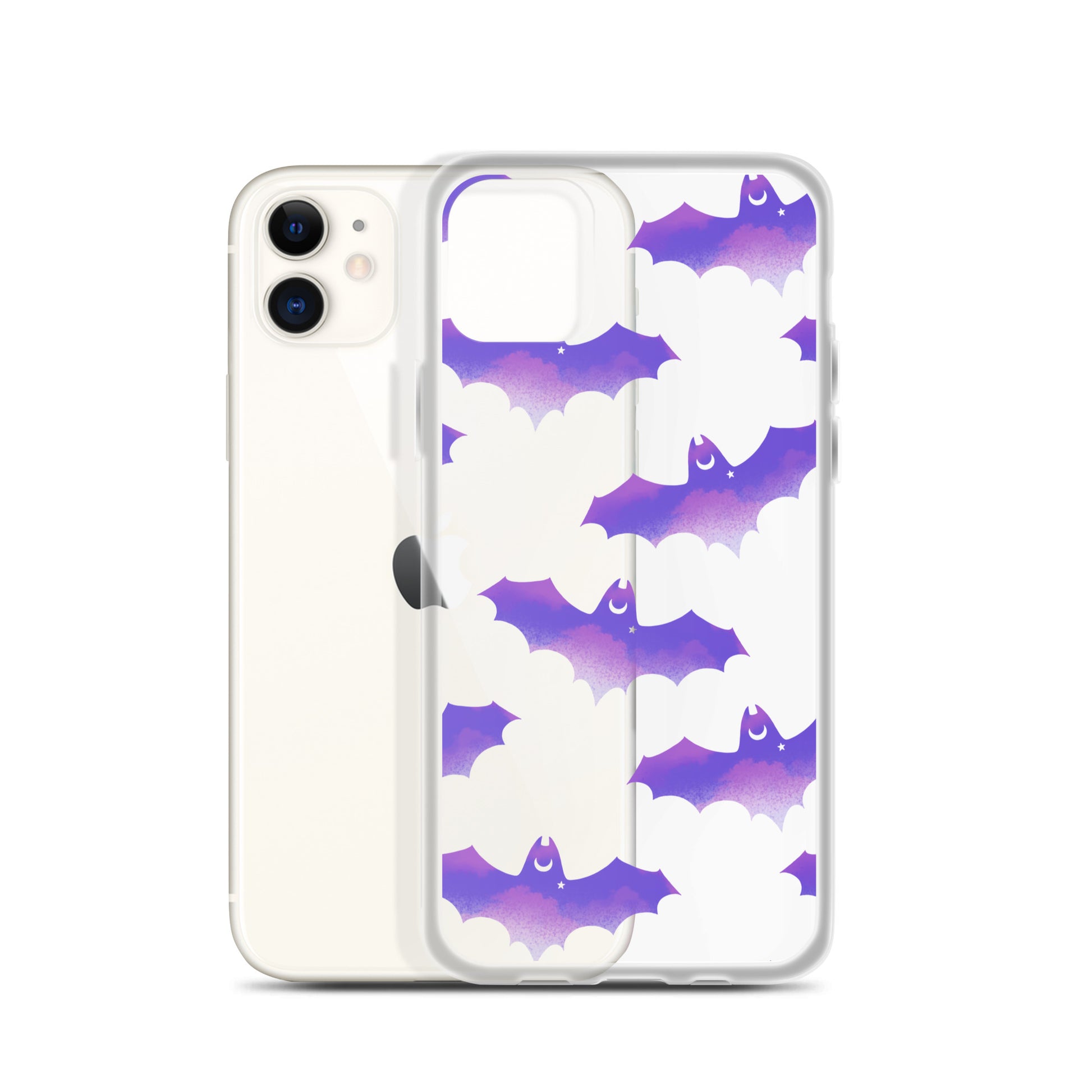 Morrigan iPhone® Clear Case showcasing a sleek design with purple bats, providing stylish protection for your phone.