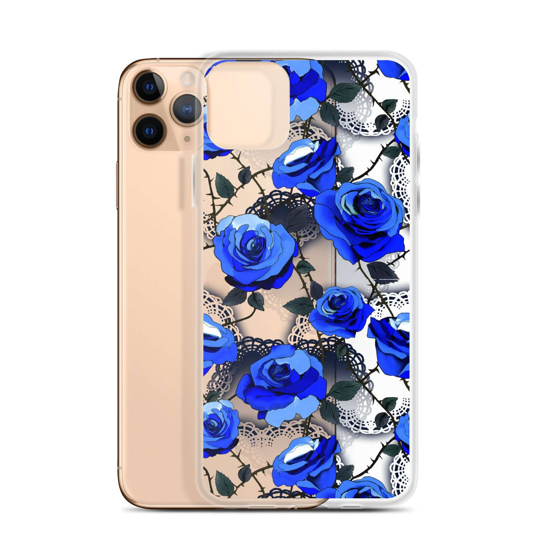 Showcasing the Enchanted Rose iPhone® Clear Case (Transparent) with vibrant blue roses, perfect for stylish protection.