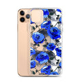 Showcasing the Enchanted Rose iPhone® Clear Case (Transparent) with vibrant blue roses, perfect for stylish protection.