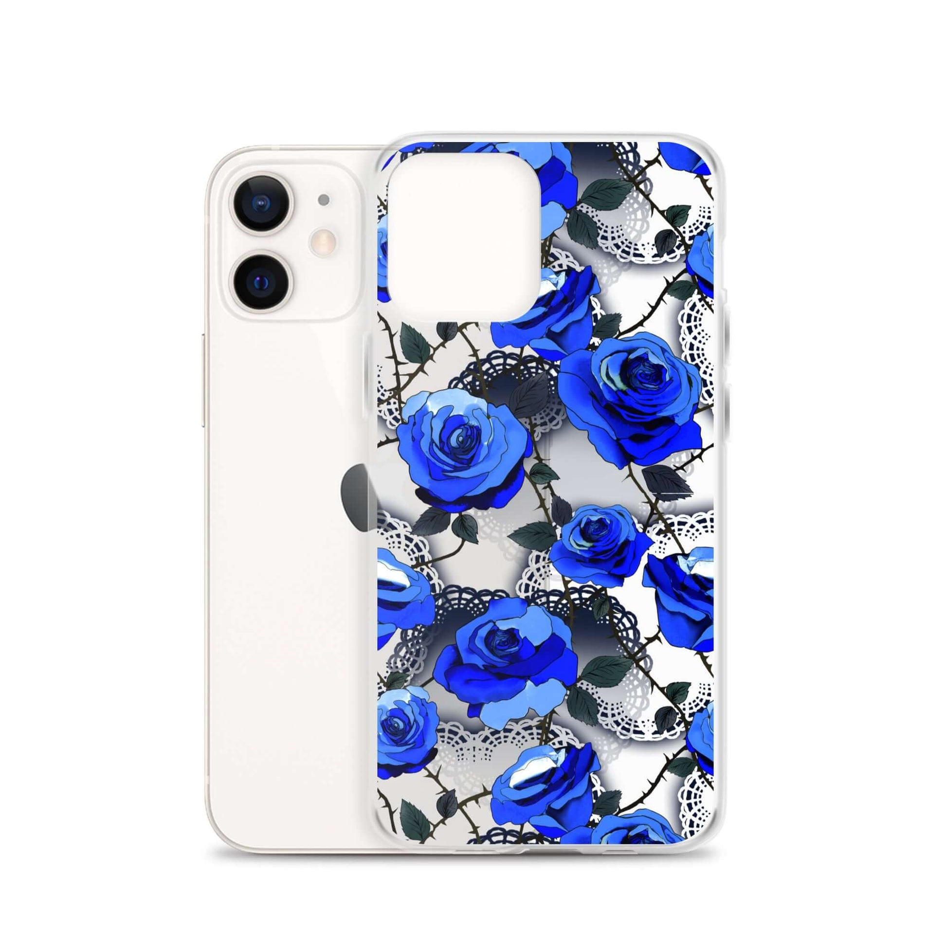 Protect your phone stylishly with the Enchanted Rose iPhone® Clear Case (Transparent), featuring vibrant blue roses.