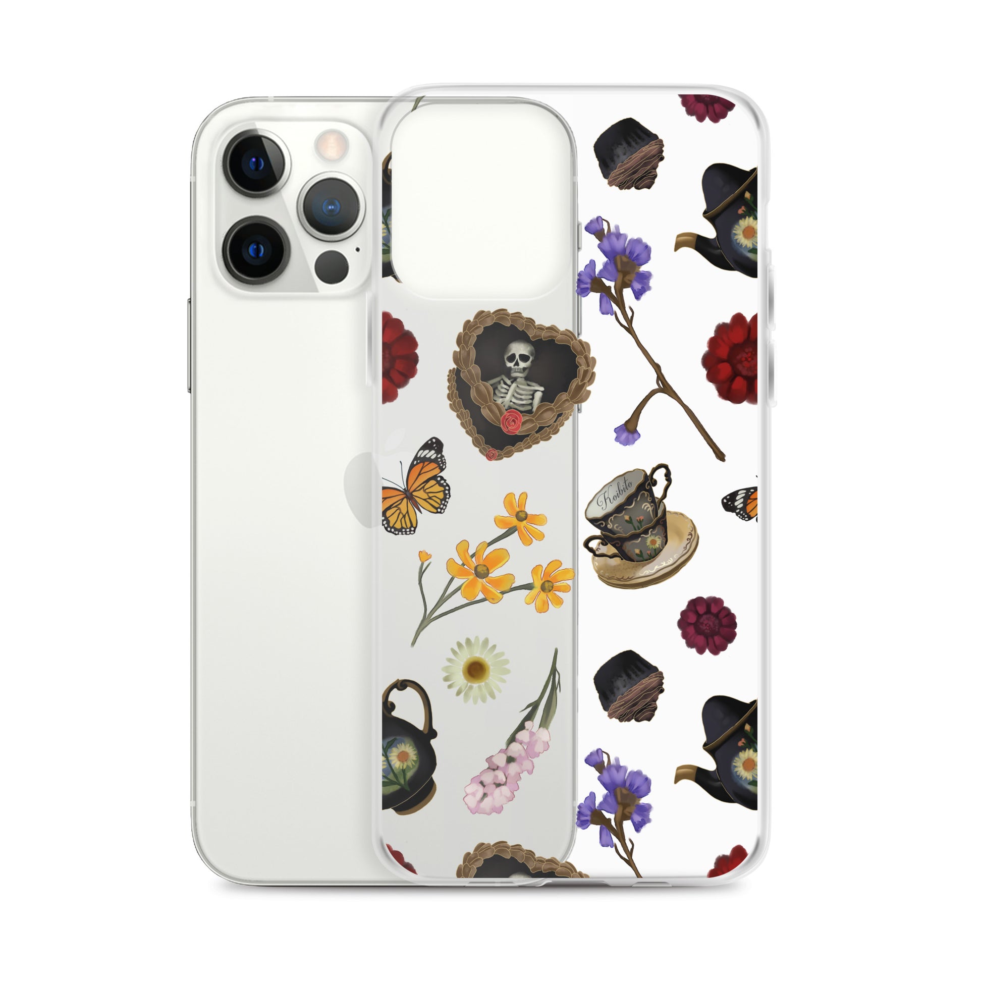 Sleek Gothic Tea Time iPhone® Clear Case featuring floral and gothic designs, perfect protection for your device.