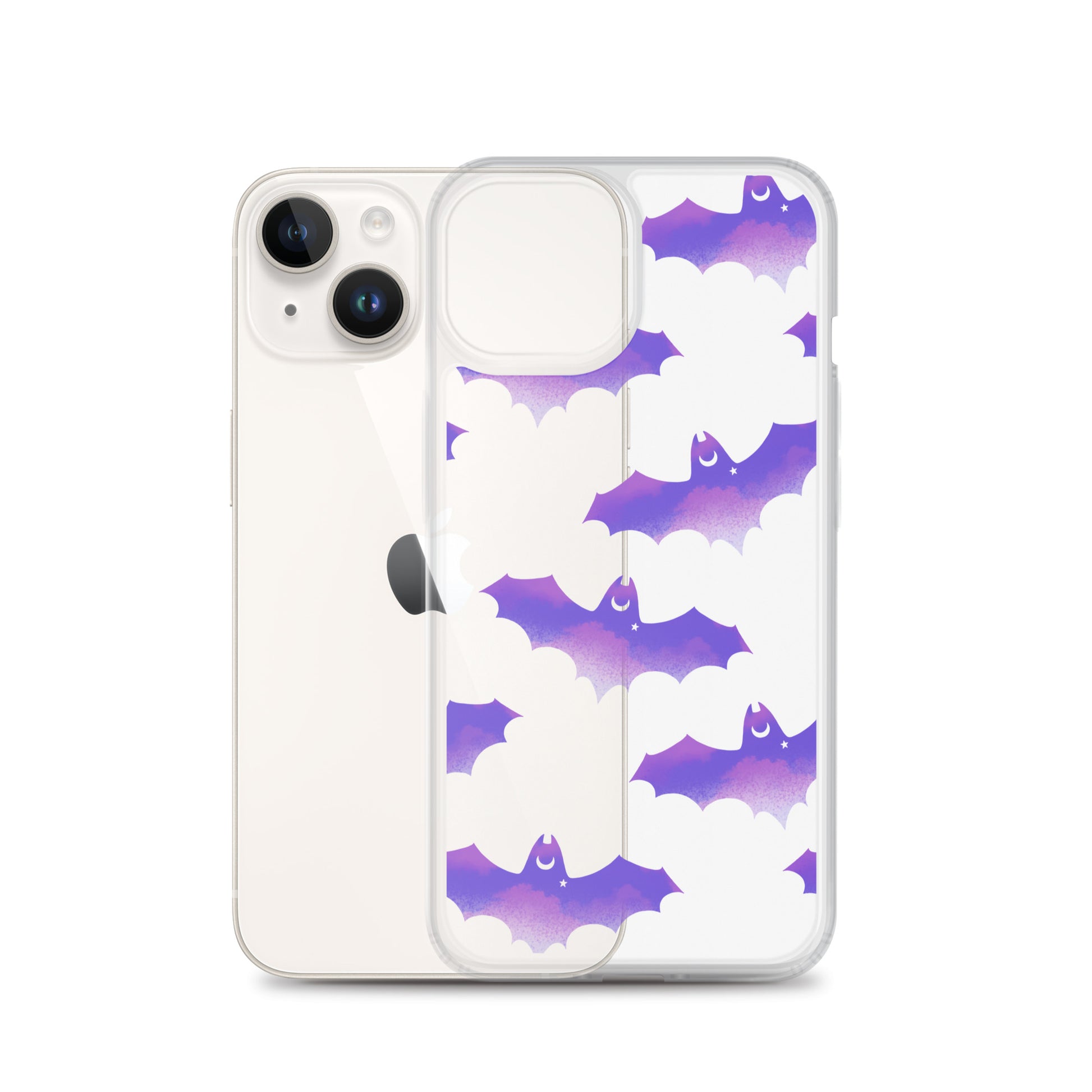 Protect your iPhone® with the stylish Morrigan iPhone® Clear Case featuring bats and clouds design.