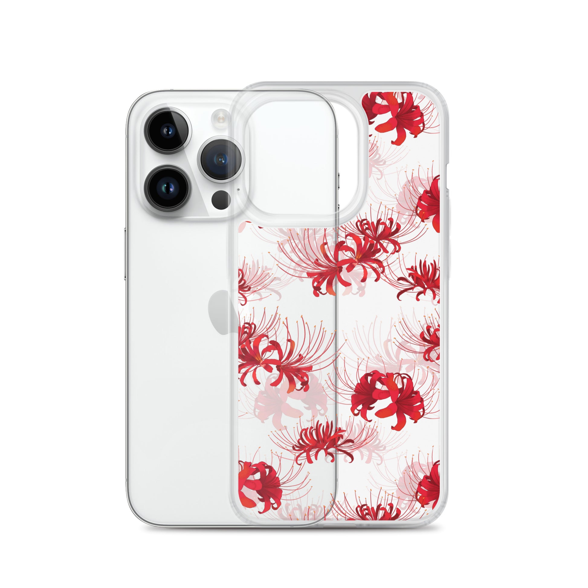 Sleek Higanbana iPhone® Clear Case with floral design, offering protection from scratches and easy access to ports.