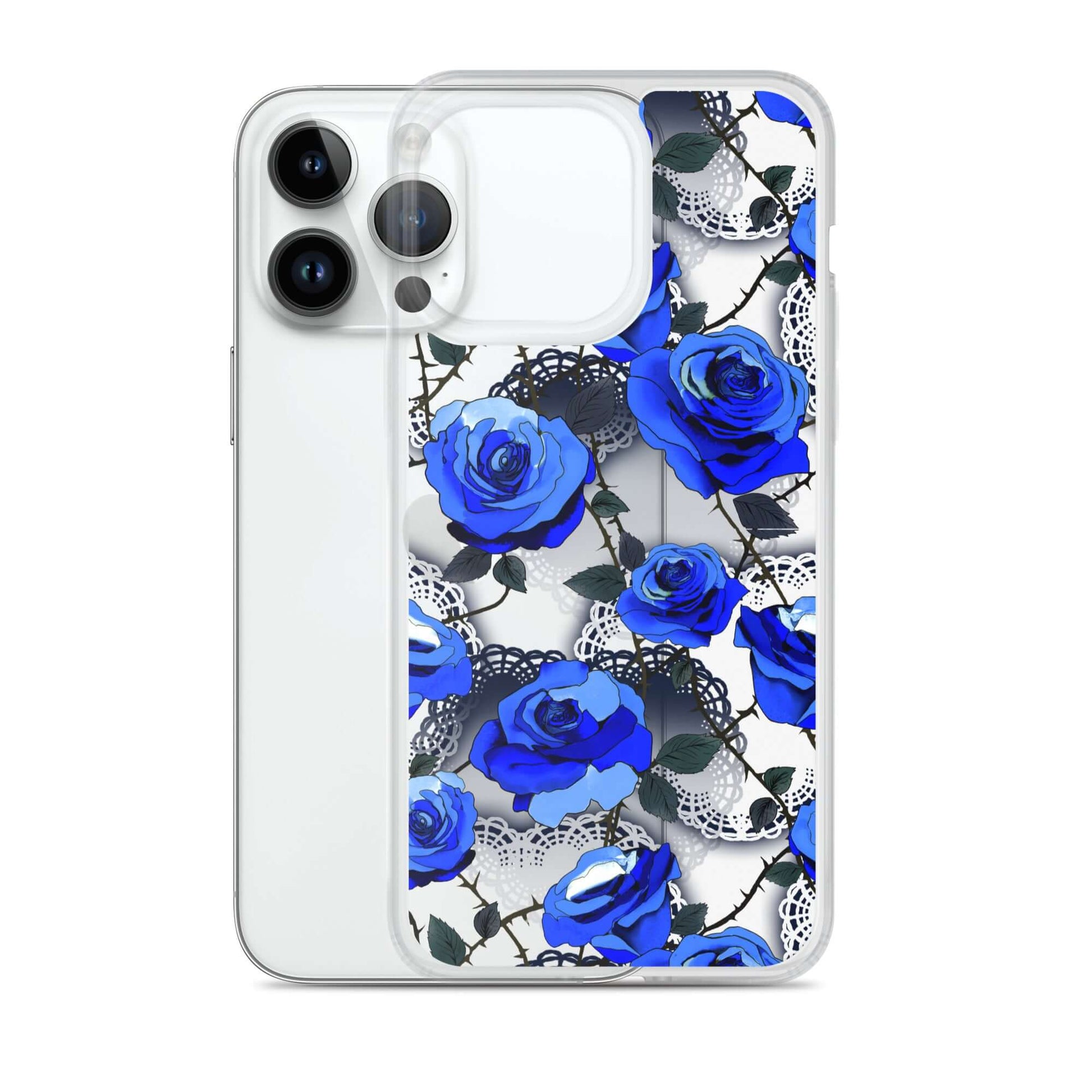 Stylish Enchanted Rose iPhone® Clear Case (Transparent) protects against scratches while showcasing vibrant blue roses.