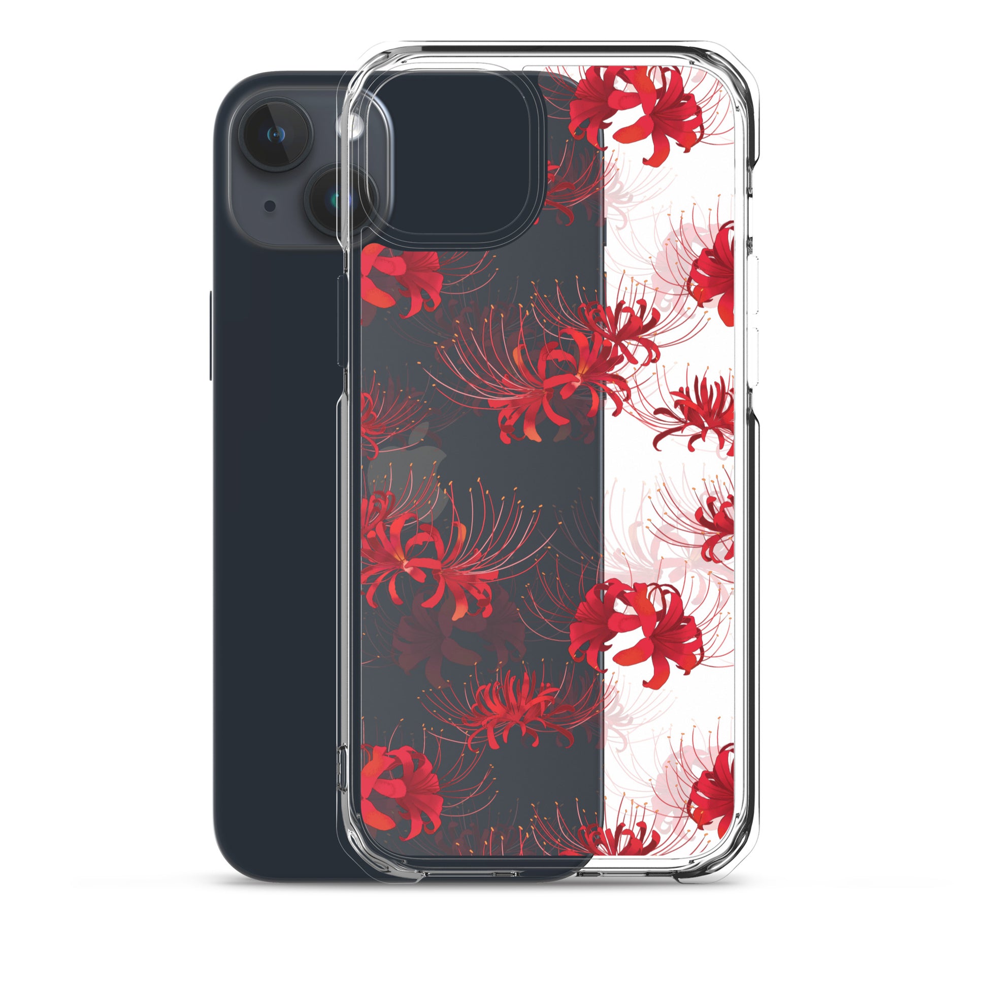 Higanbana iPhone® Clear Case showcases a floral design, offering protection against scratches and easy access to ports.