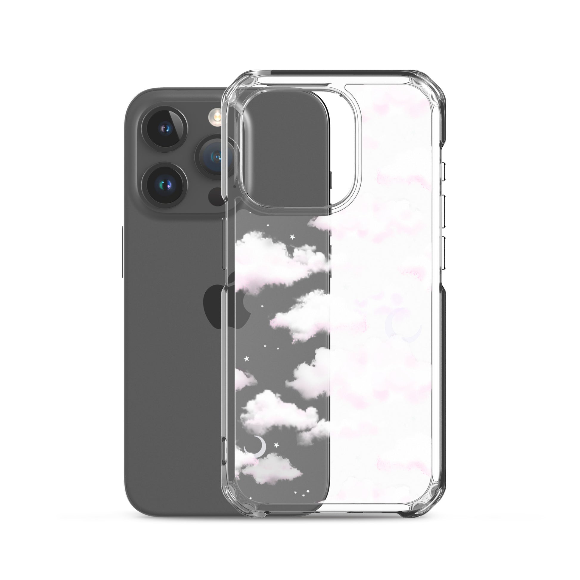 Cloudy Sky iPhone® Clear Case showcasing a dreamy cloud design, offering sleek protection and easy accessibility.