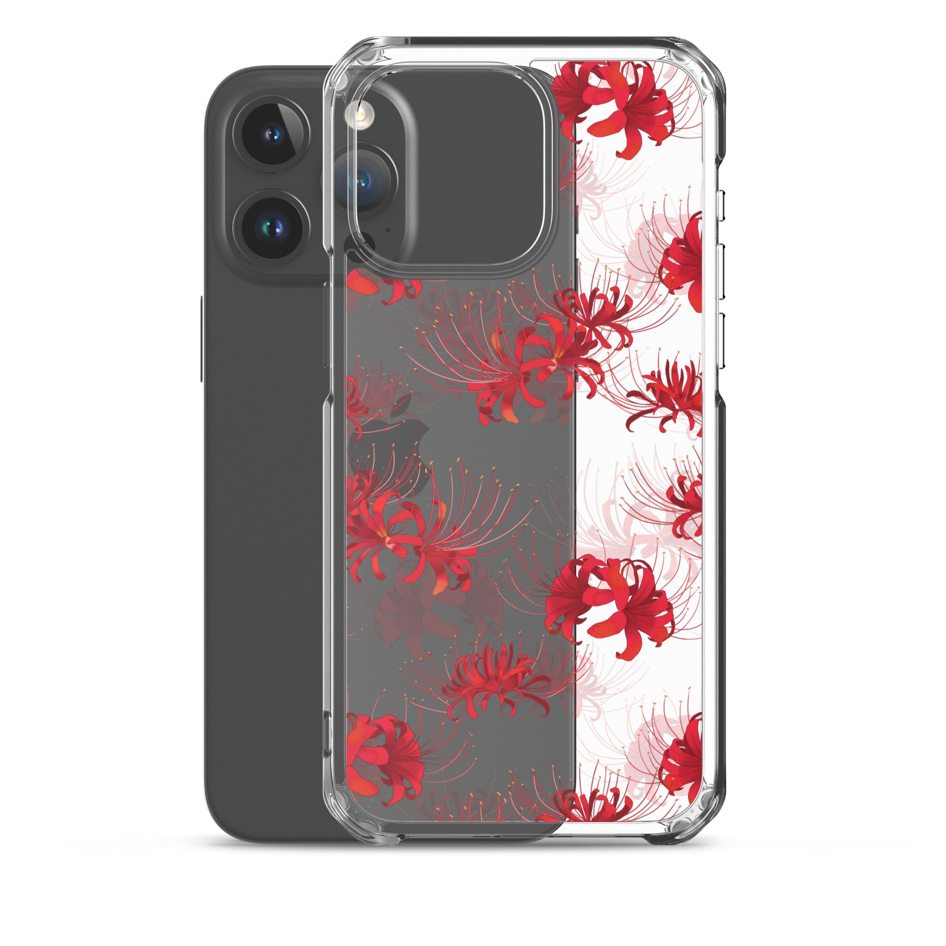 Sleek Higanbana iPhone® Clear Case with floral design, offering protection from scratches and easy access to ports.