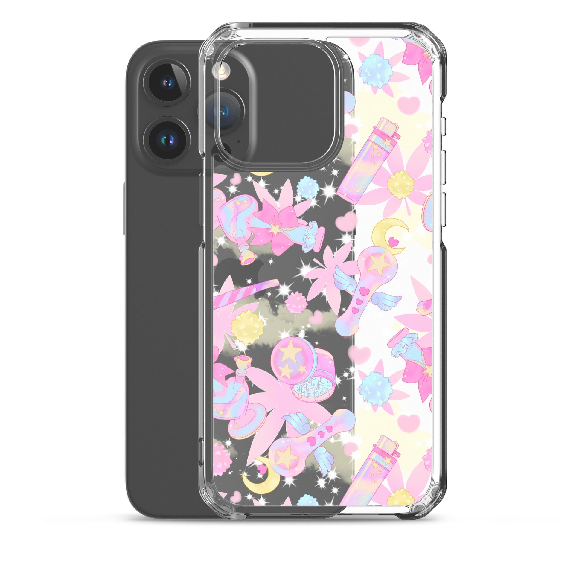 Sleek Indica Magica iPhone® Clear Case showcasing colorful designs, offering protection from scratches and dirt.
