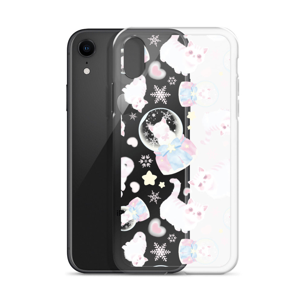 Sleek Snow Kitten iPhone® Clear Case showcasing adorable kittens and snowflakes, perfect for protection and style.