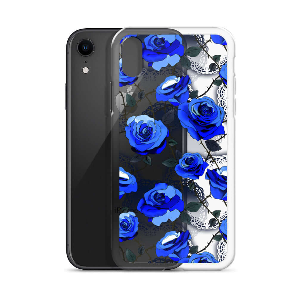 Showcasing the Enchanted Rose iPhone® Clear Case (Transparent) with vibrant blue roses, perfect protection for your device.