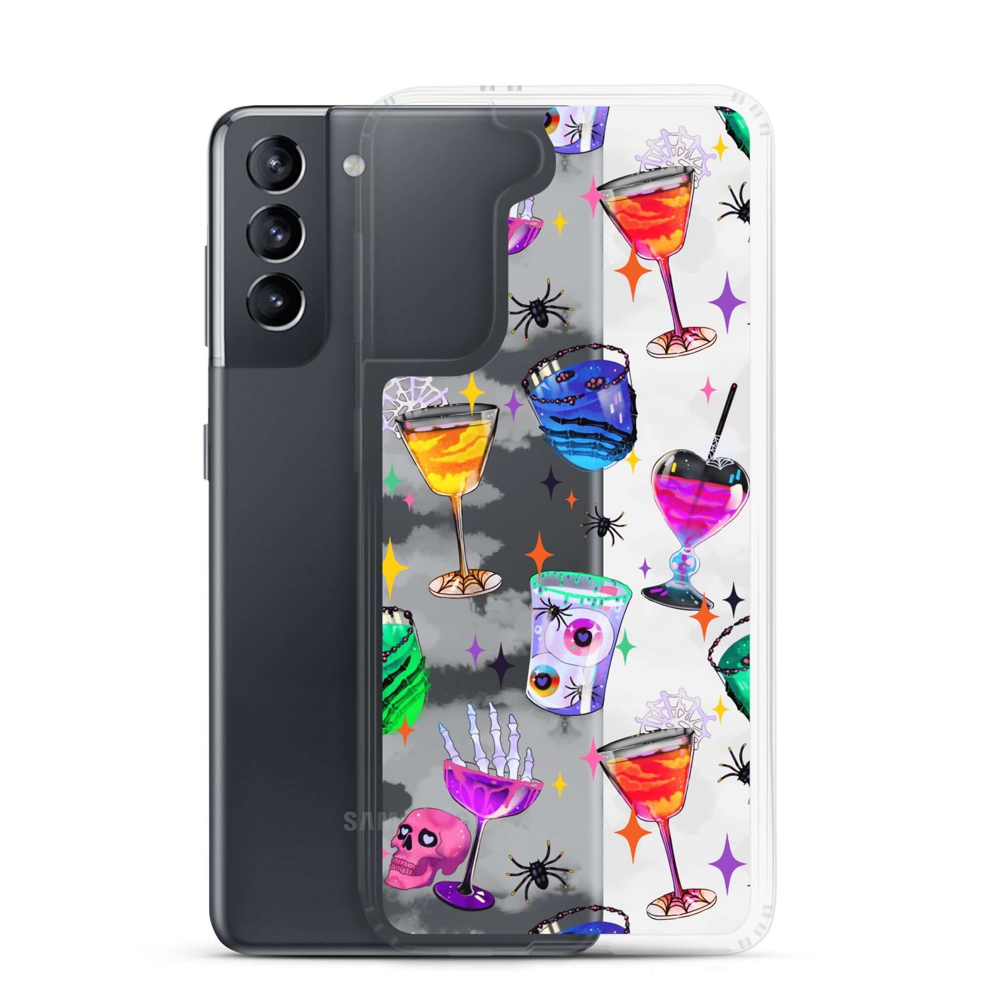 Sleek Monster Party Samsung® Clear Case with vibrant drink designs, offering protection and easy access for your Galaxy S21.
