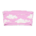 Cloudy Sky bandeau bikini top in soft pink with white cloud designs, perfect for tanning and lounging.