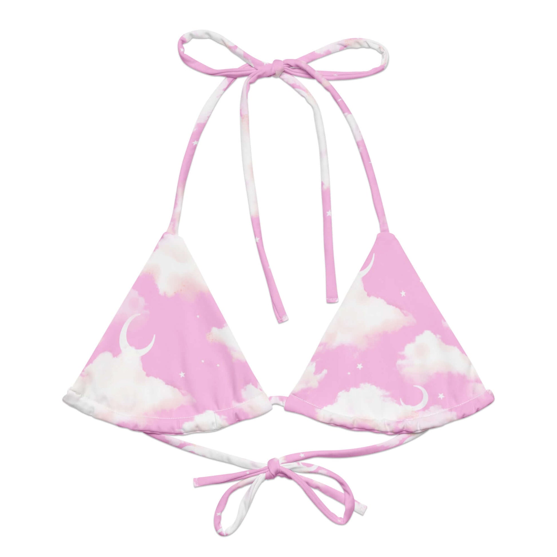 Eco-friendly Cloudy Sky Padded String Bikini Top in soft pink, perfect for summer fun and stylish beach days.