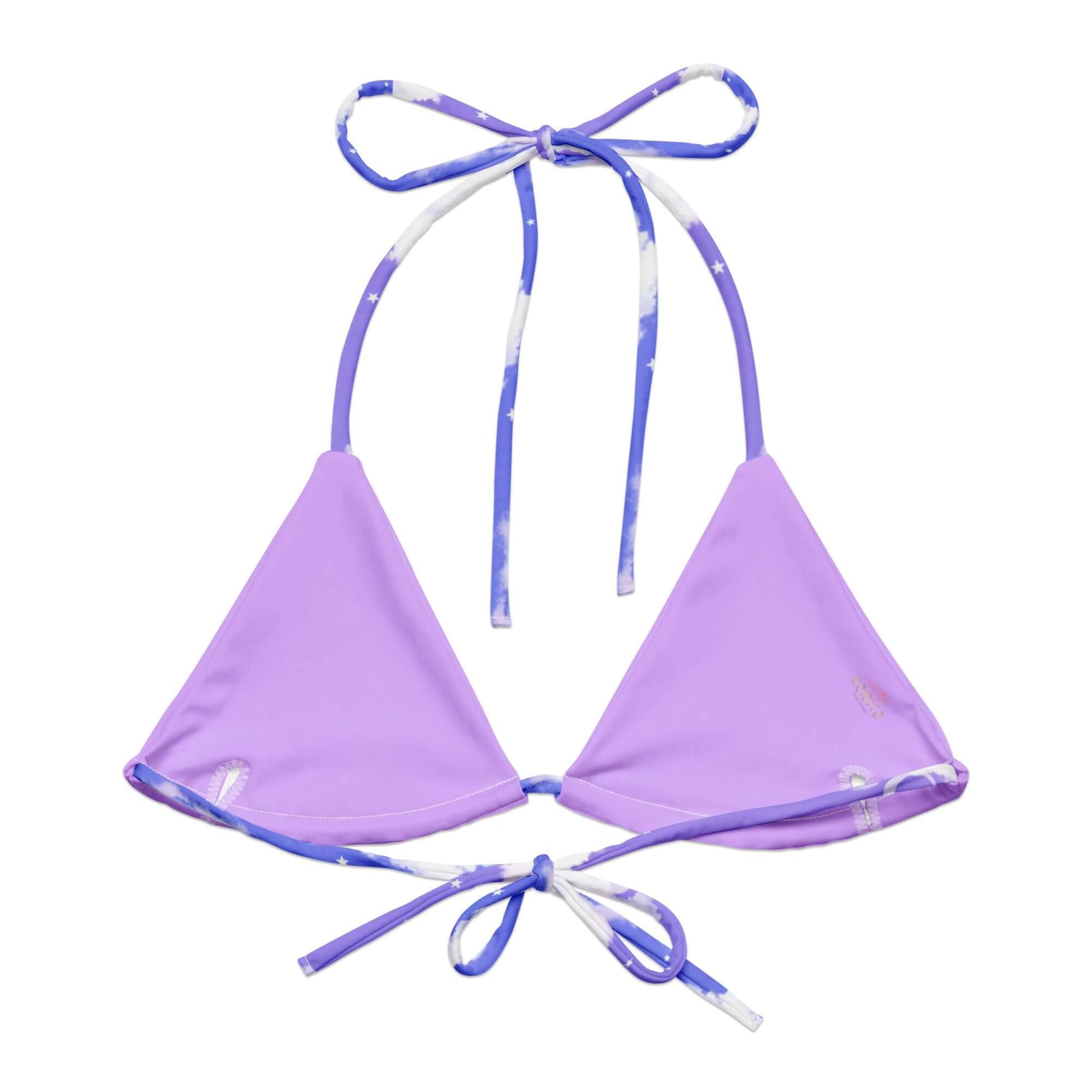 Shop the Cloudy Sky Padded String Bikini Top, featuring eco-friendly fabric and stylish adjustable straps for summer fun.